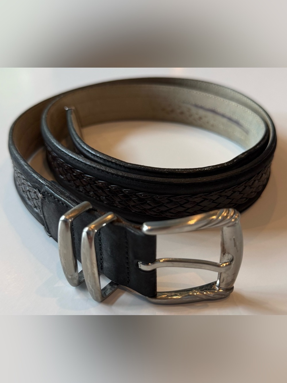 Tommy Bahama Leather Belt Braided Inlay Black Brown Mens 38 Made In Spain TB5082
